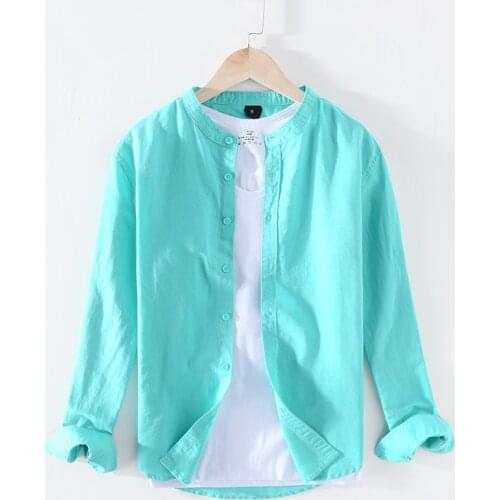 Stand Collar Shirts Men Cotton Linen Classical Slim Fit Minimalist Casual Long Sleeve Shirt Y2547