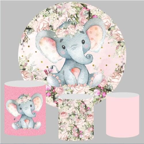 Sensfun Baby Elephant Pink Elephant Round Background Circle Photo Backdrop Birthday Party Decoration Table Cylinder Cover