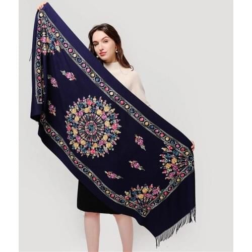 Navy blue shawls and wraps female blanket embroidery scarfs women scarf winter fashion warm cashmere scarves elegant Châle