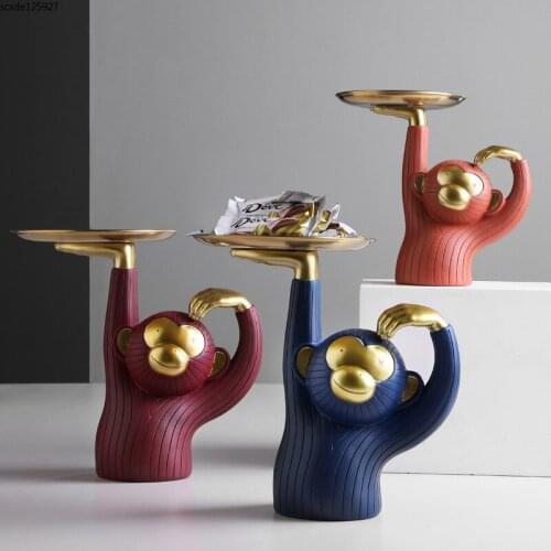 Creative Monkey Tray Luxury Resin Animal Sculpture Crafts Golden Fruit Snacks Tray Desktop Key Small Object Storage Home Decora