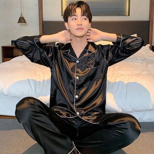 Rayon Men Pajamas Sey Solid Color Sleepwear Set Women Pajama Set Top Long Sleeve Shirt Pant Big Size Casual Man Homewear