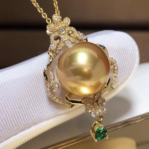Fine Jewelry 18K Yellow Gold Natural Ocean Golden Pearl 13-12mm Pendant Necklaces for Women FIne Pearls Pendants
