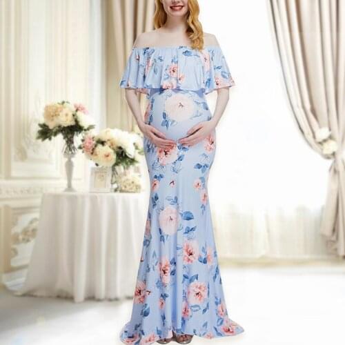 Women Off Shoulder Ruffles Maternity Dresses Maxi Photography Dress for Photo Shoot Props Clothes Elegant Fitted Baby Shower