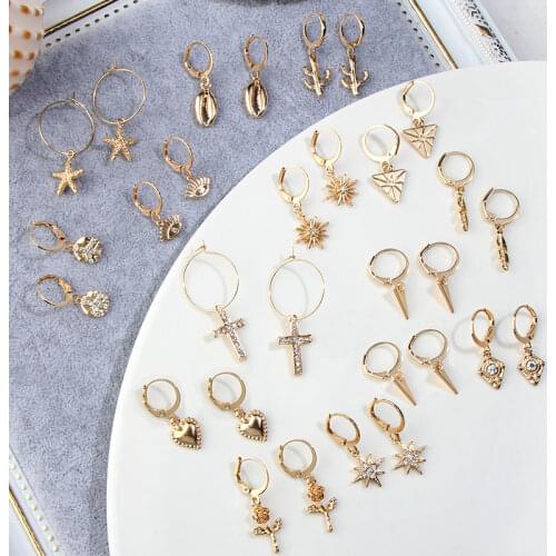 JUST FEEL New Tiny Hoop Earrings For Women Girl Gold Cartilage Hoop Earrings Jewelry Heart Cross Star Triangle Charm Earrings