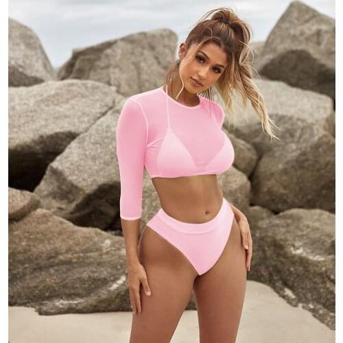 Women New Sexy Lace-Up Halter Bra Mesh Round Neck Long-Sleeved Short Sunscreen High-Waisted Swimming Trunk Swimsuit 3-Piece Suit