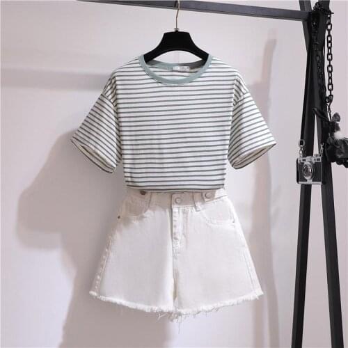 Korean Style striped Tops And Shorts set Women 2 Piece Set Clothes casual High Waist Shorts cute Student Summer 2 Piece Outfits