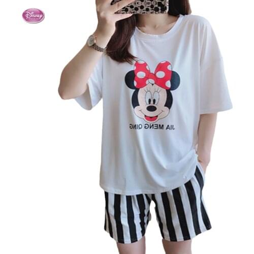 M-2XL Plus Size Knitted 2 Pieces Set Pyjama Disney Femme Print Floral Mickey Mouse Casual Tops and Striped Shorts Pijama Kawaii