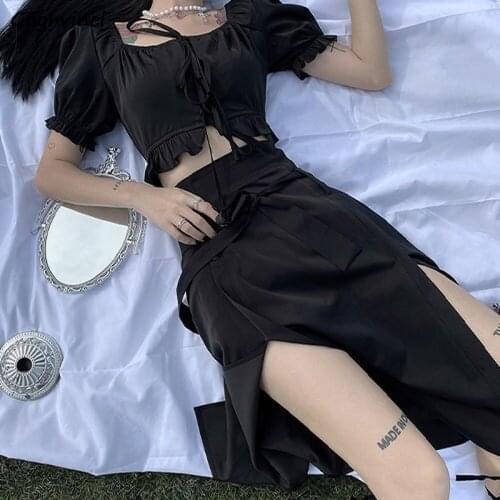 Women Sets Solid Square Collar Puff Sleeve Blouses Ruched Ruffles Elegant Crop Top High Waist A-Line Skirts Fashion Dark Style