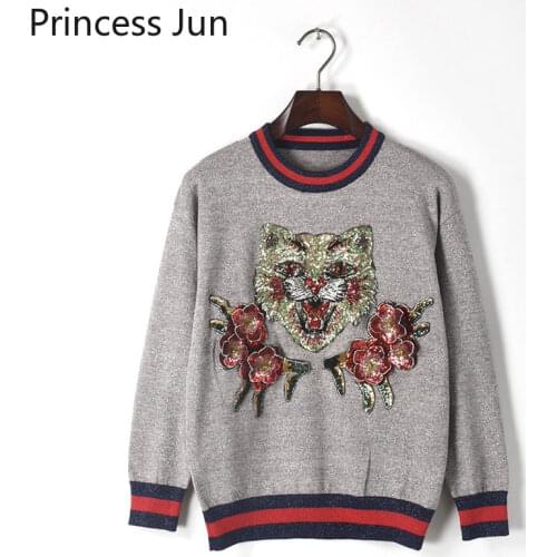 Chic Pullovers Women 2021 Spring Fashion Vintage Sequined Tiger Print Sweet Sweaters Female Casual Thin Kintted Tops Jumpers