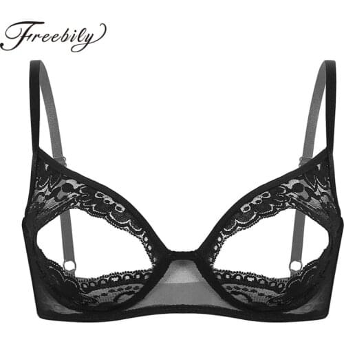 Women Lace Sexy Lingerie Erotic Costumes Open Bras Sissy Female Nightwear Sheer Nipple Split Bralette Wire-free Unlined Bra Top