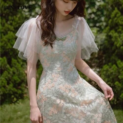 JuneLove Summer Floral Dress Women Elegant Vintage Retro Fairy Dress Casual Slim Fit Embroidered Lace Korean Sweet Party Dress