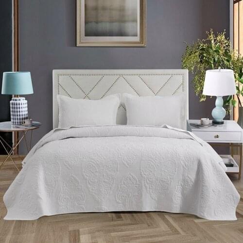 3pc Full/Queen Over Size 100%Cotton Quilted Bedspread Bed Cover Embossed Solid White Grey Brown Bed Cover set Pillow shams