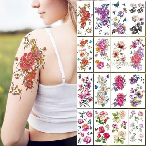 Orange Red Flowers Water Transfer Tattoo Stickers Women Peony Rose Body Chest Art Temporary Tattoo Girl Waist Women