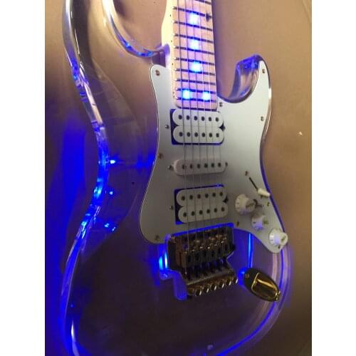 Free delivery / acrylic blue LED light high quality gold accessories double shake vibrato st Guitar / China Electric Guitar