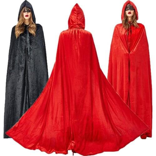 Ghost Vampire Queen Long Cloak Red Black Hooded Cape Witch Adult Halloween Purim Scary Costume Soft Velour Fabric