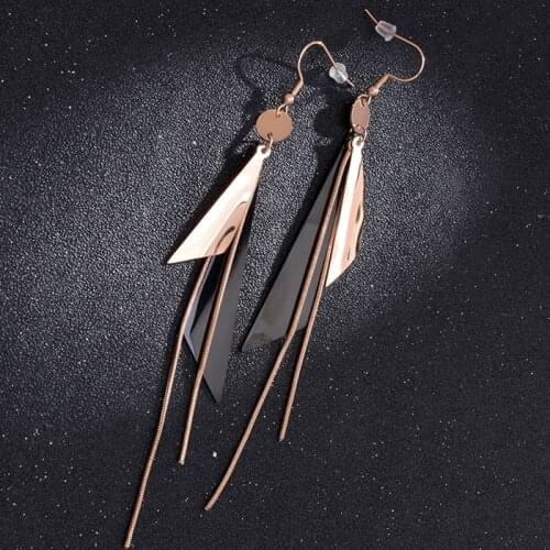 Fashion Titanium Steel Long Earrings Black with Rose Gold Dangle Earrings For Women Jewelry