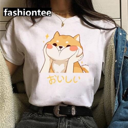 FIXSYS Female Casual Cotton White Clothes Summer Fashion Cute Cartoon Shiba Inu Print Women T-Shirt 90s Young Girls Tops Tee