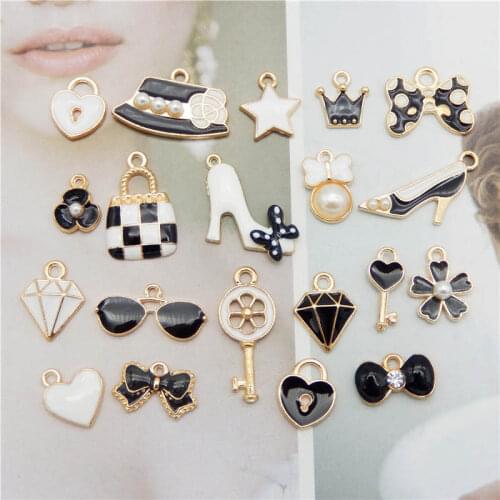 Julie Wang 20PCS Enamel Charms Mixed Black White Tie Star Key Shoes Heart Zinc Alloy Pendant Bracelet Jewelry Making Accessory