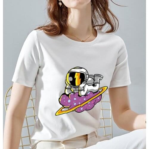 Summer Casual Womens T-shirt White Shirt Cartoon Happy Planet Astronaut Print Pattern Ladies Cute O-neck Simple Top T-shirt