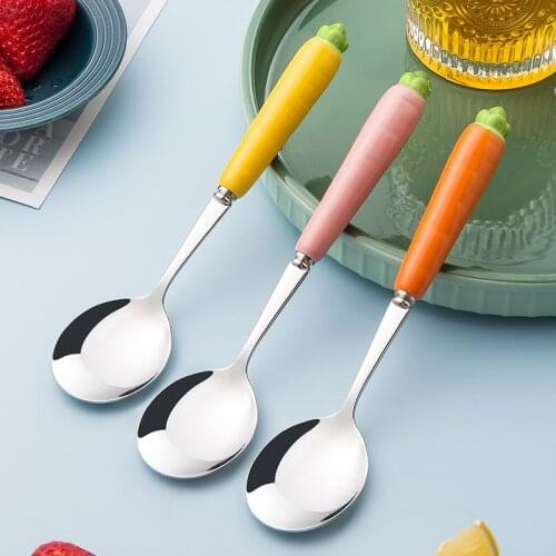 3Pcs Cute 304 Stainless Steel Spoon Household for Childs Eating Ceramic Spoon Kitchen Spoon Small Spoon Student Dormitory