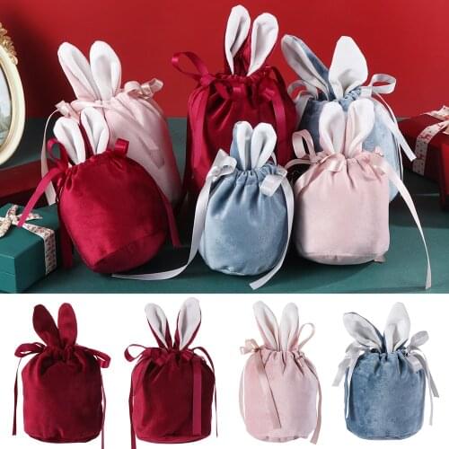 Cute Bunny Ears Gift Bags Flannelette Easter Rabbit Chocolate Candy Packing Valentines Day Wedding Birthday Jewelry Organizer