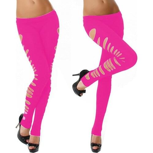 20 Colors Fashion Low Waist Trousers Women Hole Leggings Sexy Ripped Long Pants Skinny Stretchy Trousers Club Dancing Costume