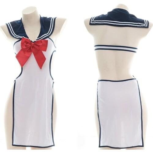 Lolita Girls Cosplay Chinese Traditional Dress Sexy Lingerie Set Bowknot Sailor Colar Side Slit Hollow Cheongsam Sleepwear