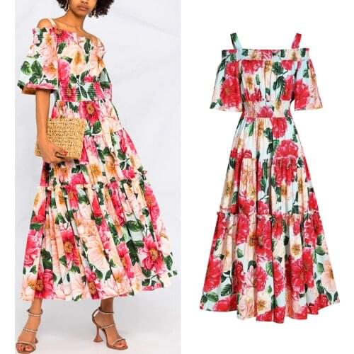 2021 Summer Designer Sphaghetti Strap Maxi Dress Womens Ruffles Off Shoulder Elastic Waist Floral Print Boho Party Long Dress