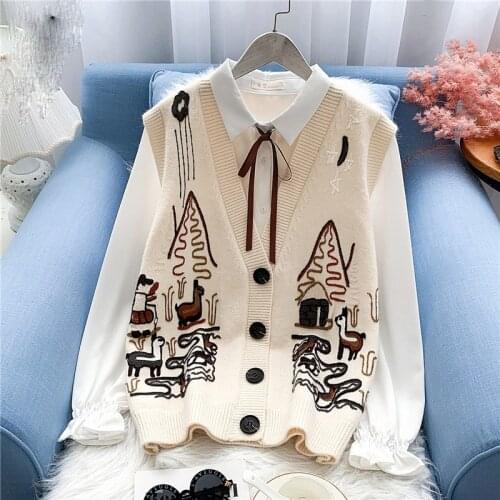 V Neck Knitted Vest Sweater Sleeveless Women Cartoon printCasual Pulloverhigh quality2021 Autumn Winter Gray Jumper Fashion