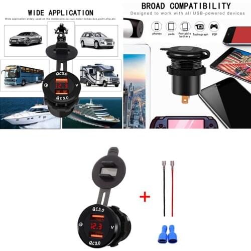 QC 3.0 Dual USB Charger With Voltmeter 3.4A 30W Car Dual Port Fast Charging Adapter Waterproof Aluminum Alloy Cigarette Lighter