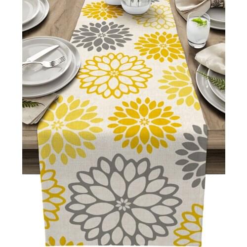 Dahlia Yellow Gray Table Runner Wedding Decor Table Cover Christmas Decoration Holiday Party Tablecloth