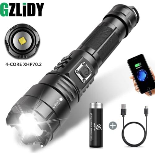 Super Bright LED Flashlight XHP70.2 Tactical Torch USB Rechargeable Zoom Lantern Waterproof 18650 Fishing Light 5 Modes Lamp