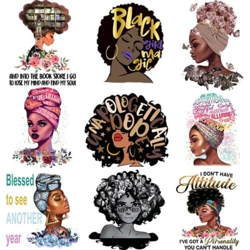 Beautiful Black Girl Iron-On Patches For Clothing Washable T-Shirts Thermo Adhesive Stickers Exquisite Heat Transfer Appliqued