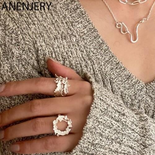 ANENJERY 925 Sterling Silver Lava Pattern Irregular Rings For Women Geometric Round Hollow Open Rings Party Jewelry