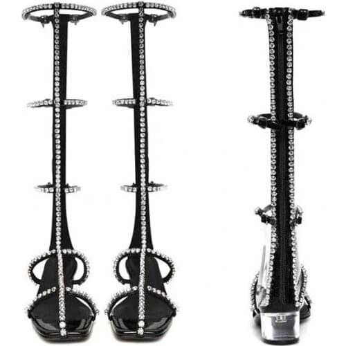 Rome Womens Summer Boots Gladiator Summer Knee-High Boot Pointed Toe Chunky High Heel Shallow Party Hollow Out Crystal Sandal