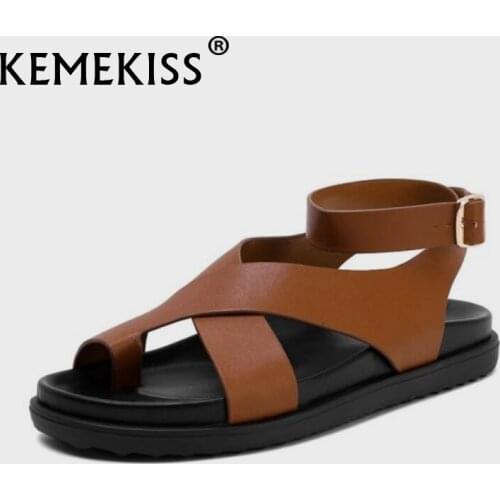 KemeKiss Gladiator Sandals Women Real Real Leather Shoes Flat Heel Clip Toe Buckle Strap Casual Classics Footwear Size 34-39