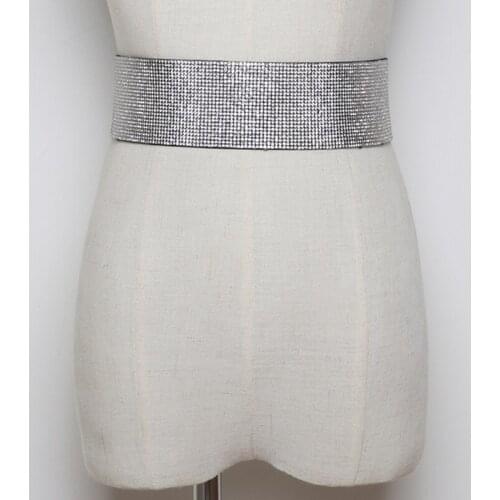 2020 Beautiful Rhinestones Crystal Womens Wide Belt Girdle Metal Button Elastic Band Dress Bride Belts Female Elegant Waist