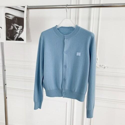 Women Blue Knitted Cardigans O-Neck Embroidered Smiley Long Sleeve Single Breasted Casual Sweaters Early Autumn 2021