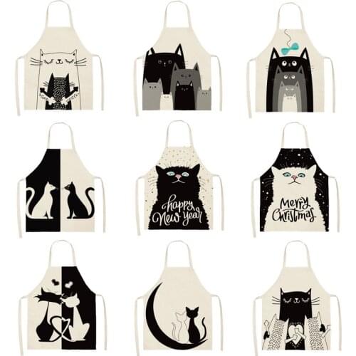 1Pcs Black Cat Pattern Cleaning Colorful Aprons Home Cooking Kitchen Apron Cook Wear Cotton Linen Adult Bibs 53*65cm WQL0032