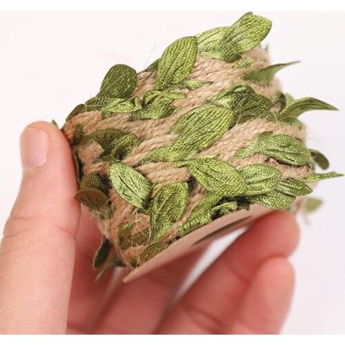 5M Green Leaves Rope Natural Hessian Jute Twine Rope Artificial Leaf Ribbon DIY Craft Vintage for Home Wedding Party Decoration