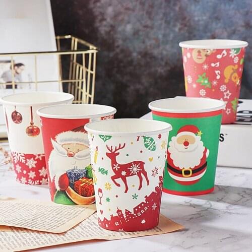 50pcs Net Red Christmas Party Paper Cup 250ml Milk Tea Coffee Juice Water Drinking Cups Santa Elk Bell Creative Dessert Cups