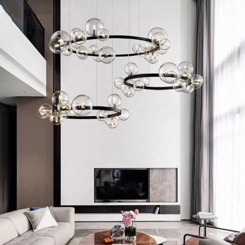 Black Modern Creative LED Chandelier Lighting Living Dining Room Island Bubble Glass Ball Kitchen Restaurant Round Hanging Lamp