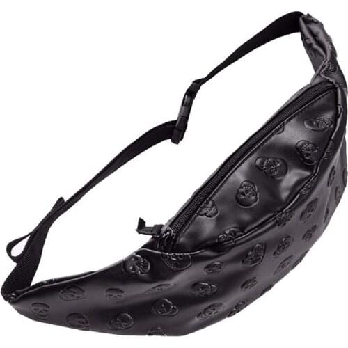 Skull black leather belt bag Unisex Fashion New who cares PU bag soft belt pouch waist bag(Black)
