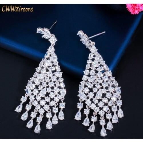 CWWZircons Shiny White Cubic Zirconia Dangle Big Long Chandelier Drop Earrings for Brides Wedding Engagement Jewelry CZ856