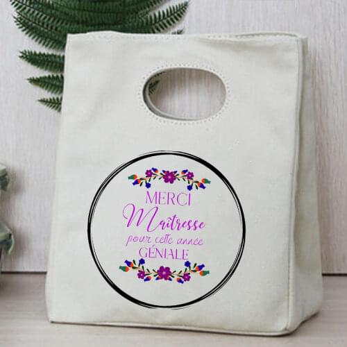 French Print Cooler Insulated Lunch Bags Canvas Portable Thermal Bento Box Tote School Foods Storage Pouch Handbag Teacher Gifts