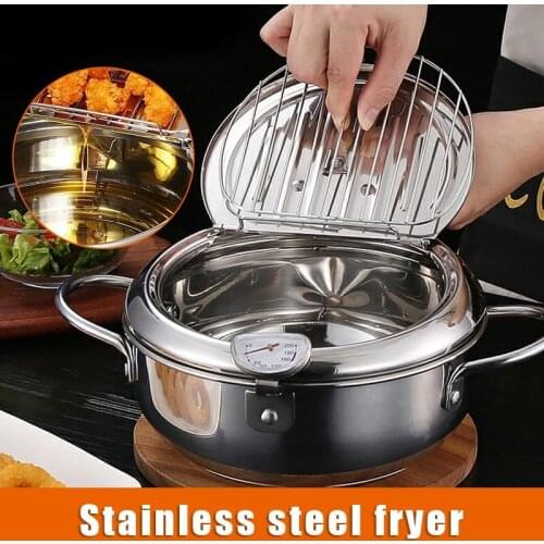 Deep Frying Pot with a Thermometer and Filter Mesh 304 Stainless Steel Fryer Pan Kitchen Supply LXY9