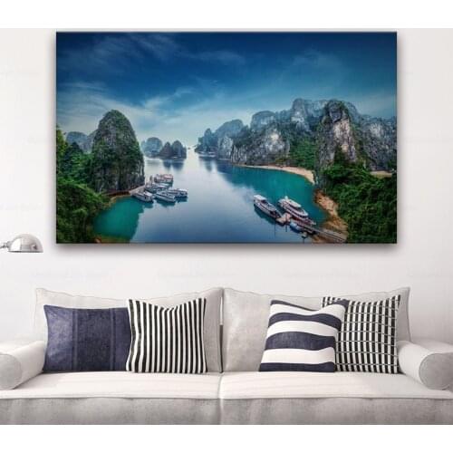 Halong bay nature beauty landscape blue river sea water mountain living room decor home art decor wood frame fabric poster
