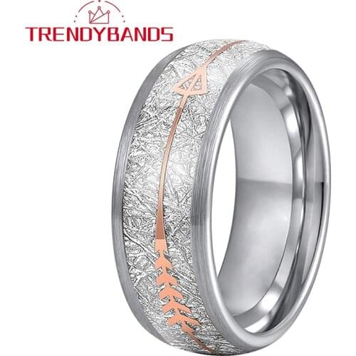 8MM Tungsten Carbide Rings For Men Women Wedding Bands Arrow Inlay Meteorite Inlay Matte Finish Comfort Fit
