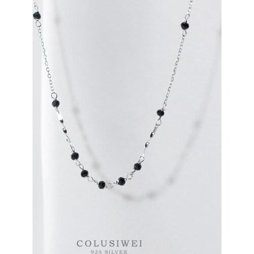 COLUSIWEI Fashion 925 Sterling Silver Simple Tiny Black Crystals Pendant Necklace for Women Link Chain Necklace Fine Jewelry