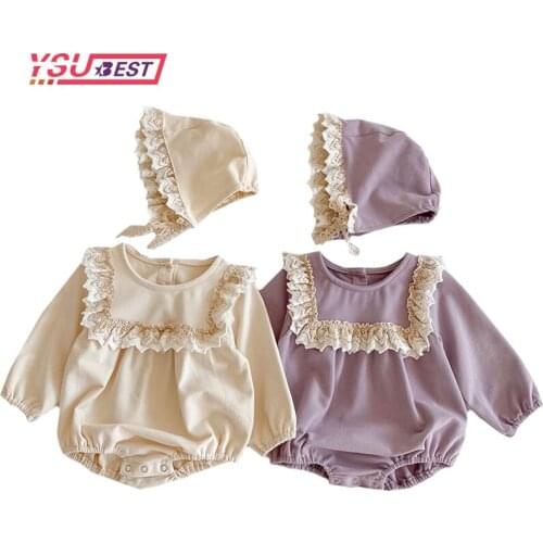 Lace Princess Toddler Romper 2021 Autumn Retro Newborn Baby Girl Clothes Cotton Spring Pure Color Infant Outfits 2pcs With Hats